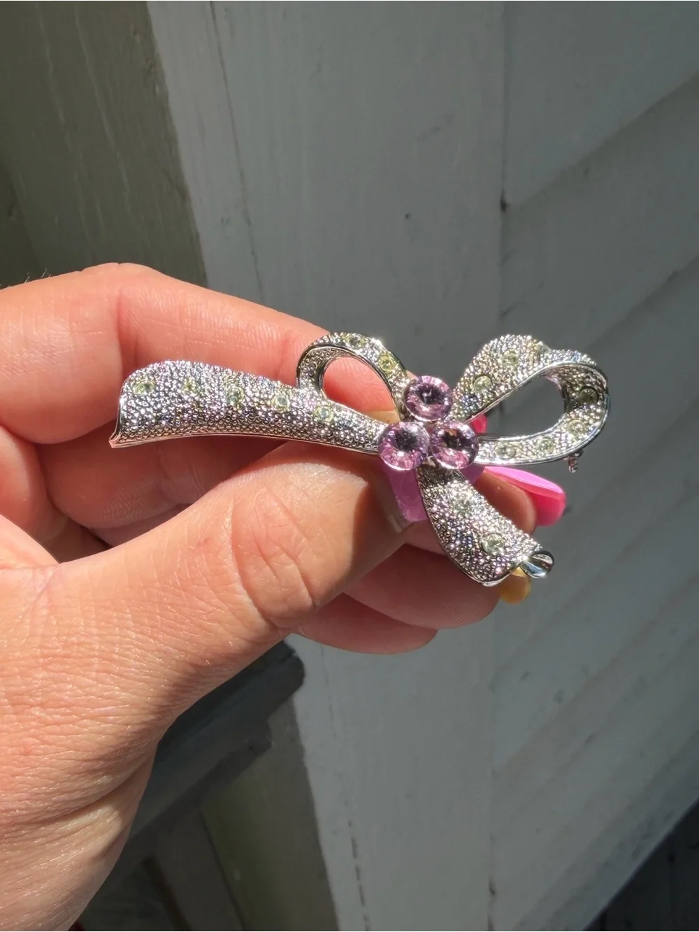 Vintage Silver-Tone Ribbon Bow Brooch with Pink Crystal Centers Stamped ☀️ATRE